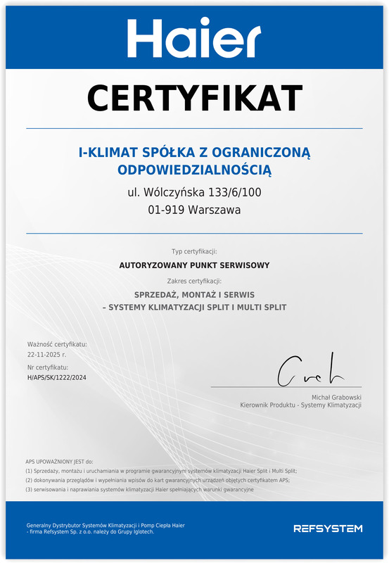 certyfikatpunkt serwisowy split multisplit haier 2024