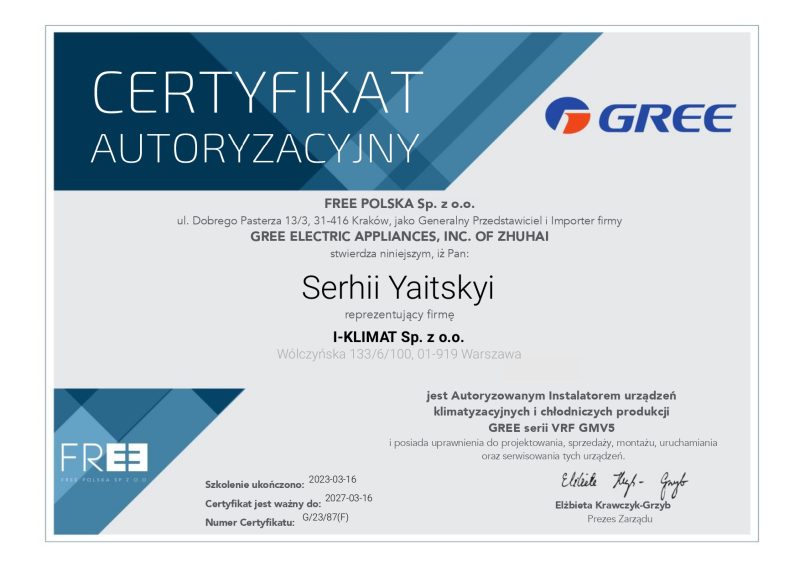 certyfikat gree gmv