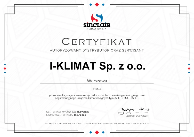 Certyfikat Sinclair SPLIT i MULTI SPLIT